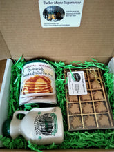 Load image into Gallery viewer, Maple Gift Box Set of Pint Jug of Maple Syrup 15 piece Maple Candy and Pancake Mix