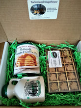 Load image into Gallery viewer, Maple Gift Box Set of Pint Jug of Maple Syrup 15 piece Maple Candy and Pancake Mix 
