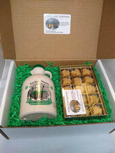 Maple Gift Box Set of Quart Jug of Maple Syrup and 15 pc Maple Candy made by Tucker Maple Sugarhouse
